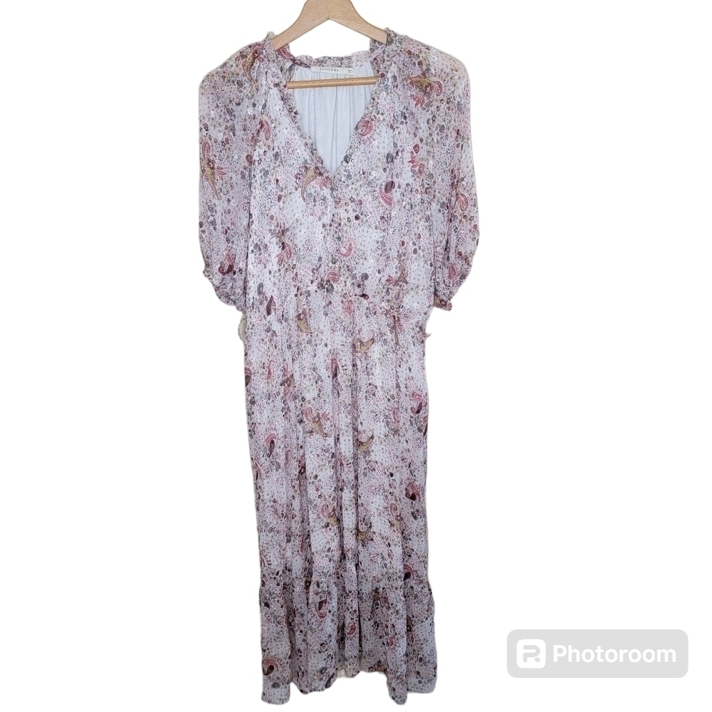 Ellison Floral Paisley Maxi Dress with Ruffled Neckline Size Large